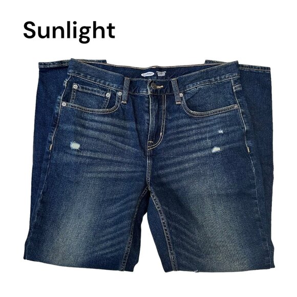 Old Navy Athletic Taper Jeans Men's 32X30 Blue Denim Build In Flex -Distressed - Picture 1 of 12